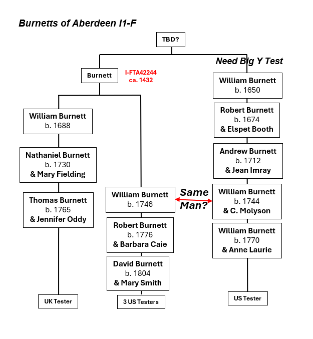 Family chart showing Burnetts of Aberdeen I1‑F lineage with haplogroup I‑FTA42244 ca. 1432